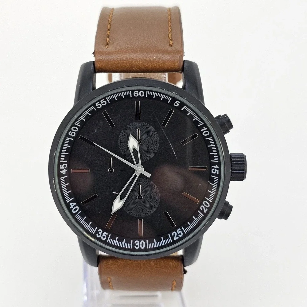 Men's Watch 44MM Case‎ Black Dial Brown Leather Band Straps New Battery